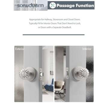 SORWDUERM Brushed Nickel Door Knobs Interior Passage Silvery Door Knob Satin Nickel Door Knobs for Bedroom and Bathroom,Zinc Alloy 2 Pack