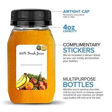 Stock Your Home 4 Ounce Mini Bottles for Mini Fridge, Reusable Juice Containers with Black Caps, Small Bottle for Liquids in Lunch Box, Clear Empty Plastic Container with Lids for Juicing (12 Pack)
