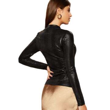 Floerns Women's Mock Neck Long Sleeve Crocodile Pattern T-Shirt Leather Tops Black S