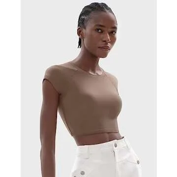 PUMIEY Crop Tops for Women Short Sleeve Crew Neck T Shirt Sexy Baby Tees Latte Medium