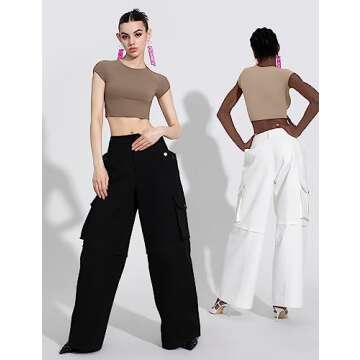 PUMIEY Crop Tops for Women Short Sleeve Crew Neck T Shirt Sexy Baby Tees Latte Medium