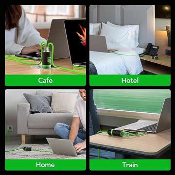 MFish 65W GaN Fast Wall Charger Block with 2 USB-C & 1 USB-A Ports, 5ft Nylon Extension Adapter – High-Speed Charging for iPhone, iPad, MacBook, Samsung Galaxy, and More Devices (Black&Green)