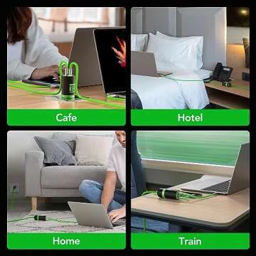 MFish 65W GaN Fast Wall Charger Block with 2 USB-C & 1 USB-A Ports, 5ft Nylon Extension Adapter – High-Speed Charging for iPhone, iPad, MacBook, Samsung Galaxy, and More Devices (Black&Green)