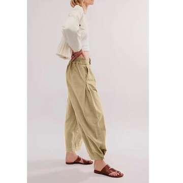 CHARTOU Women's Baggy Barrel Pant Wide Leg Horseshoe Ankle Jeans Mid Rise Harem Y2K Denim Pants with Pockets (Small,Khaki)