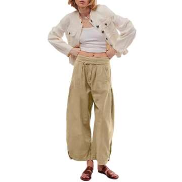 CHARTOU Women's Baggy Barrel Pant Wide Leg Horseshoe Ankle Jeans Mid Rise Harem Y2K Denim Pants with Pockets (Small,Khaki)