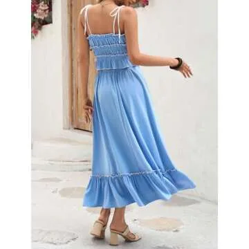 Wenrine Women's Summer 2 Piece Skirt Sets Casual Spaghetti Straps Cropped Cami Ruffle Maxi Skirt Flowy Beach Outfit