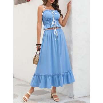 Wenrine Women's Summer 2 Piece Skirt Sets Casual Spaghetti Straps Cropped Cami Ruffle Maxi Skirt Flowy Beach Outfit