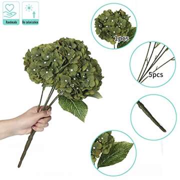 Kimura's Cabin 2Bouquets Fake Flowers Vintage Artificial Silk Hydrangea Flowers Bouquets 10Heads for Home Table Centerpieces Wedding Party Decoration (Dark Green1 Pack of 2)