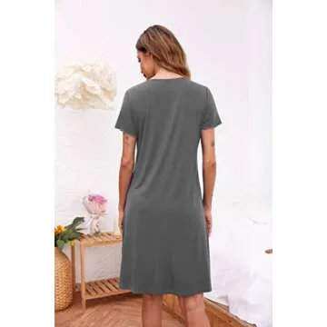 Ekouaer Women's Nightshirt Short Sleeve Button Down Nightgown V-Neck Sleepwear Pajama Dress Dark Grey