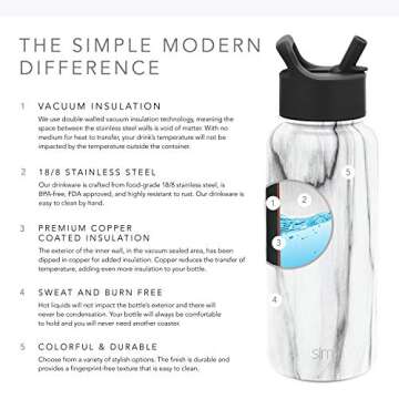 Simple Modern Water Bottle with Straw Lid Vacuum Insulated Stainless Steel Metal Thermos | Half Gallon Reusable Leak Proof BPA-Free Flask for Gym, Sports | Summit Collection | 64oz, Carrara Marble