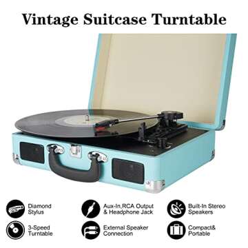 Vinyl Record Player, 3 Speeds Suitcase Portable Record Player with Built-in Speakers, Vintage Belt D...