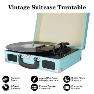 Vinyl Record Player, 3 Speeds Suitcase Portable Record Player with Built-in Speakers, Vintage Belt D...