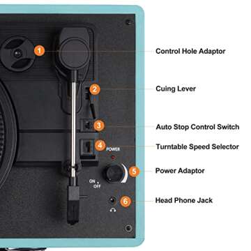 Vinyl Record Player, 3 Speeds Suitcase Portable Record Player with Built-in Speakers, Vintage Belt Driven Turntable with RCA Output/Headphone/Aux in Jack/45 Adapter Blue