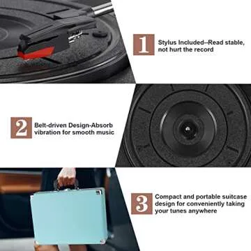 Vinyl Record Player, 3 Speeds Suitcase Portable Record Player with Built-in Speakers, Vintage Belt Driven Turntable with RCA Output/Headphone/Aux in Jack/45 Adapter Blue