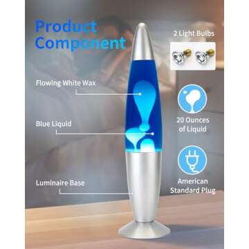 Rumiom 16 inches Liquid Motion Lamps, Gorgeous Night Light Lamp for Bedroom with Silver Base, Relaxing Mood Light Glitter Lamp for Kids, Adults, Home Decoration, Blue Magma Lamp with White Wax