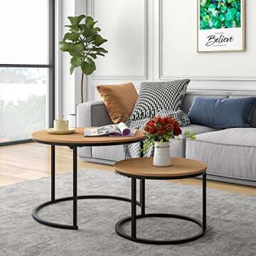 HOJINLINERO Industrial Round Coffee Table Set of 2 End Table for Living Room,Stacking Side Tables, S...