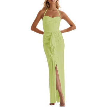 Women’s Maxi Dress Ruffles Tassel Halter Backless Open Split Ruched Peach Hip Bodycon Wedding Even...