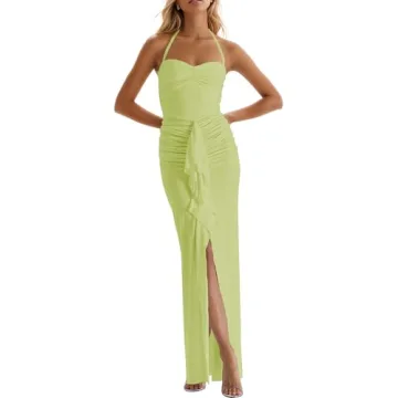 Women’s Maxi Dress Ruffles Tassel Halter Backless Open Split Ruched Peach Hip Bodycon Wedding Even...