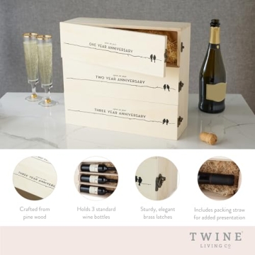 Twine Anniversary Wooden Wine Gift Box for 3 Bottles