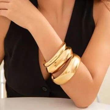 MOEEIJEW Chunky Gold Bracelets Set for Women Wide Cuff Bracelets Hammered Wrap Gold Bangles Set Jewelry (3pcs Gold A)
