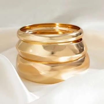 MOEEIJEW Chunky Gold Bracelets Set for Women Wide Cuff Bracelets Hammered Wrap Gold Bangles Set Jewelry (3pcs Gold A)