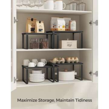 SONGMICS Cabinet Organizer Shelf, Set of 2 Kitchen Counter Shelves, Kitchen Storage, Spice Rack, Stackable, Expandable, Metal and Engineered Wood, Ink Black and Ebony Black UKCS02B01