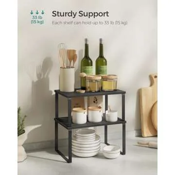 SONGMICS Cabinet Organizer Shelf, Set of 2 Kitchen Counter Shelves, Kitchen Storage, Spice Rack, Stackable, Expandable, Metal and Engineered Wood, Ink Black and Ebony Black UKCS02B01