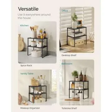 SONGMICS Cabinet Organizer Shelf, Set of 2 Kitchen Counter Shelves, Kitchen Storage, Spice Rack, Stackable, Expandable, Metal and Engineered Wood, Ink Black and Ebony Black UKCS02B01