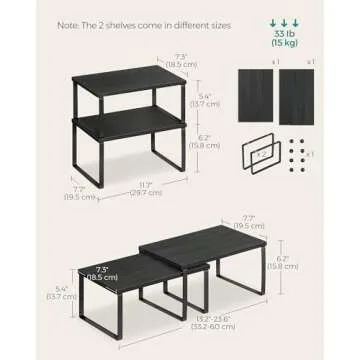 SONGMICS Cabinet Organizer Shelf, Set of 2 Kitchen Counter Shelves, Kitchen Storage, Spice Rack, Stackable, Expandable, Metal and Engineered Wood, Ink Black and Ebony Black UKCS02B01