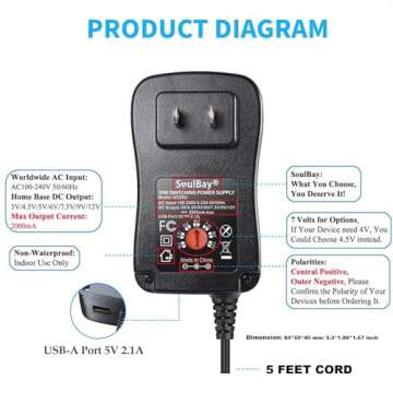 SoulBay 12V Power Supply Universal AC DC Adapter Charger with Adjustable Output 5V 9V 3V 6V 4.5V 7.5V 12 Volt 1A 1.5A 2A for LED Strip Light CCTV Camera BT Speaker GPS Webcam Router, 5 FT Cord, 30W