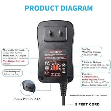 SoulBay 12V Power Supply Universal AC DC Adapter Charger with Adjustable Output 5V 9V 3V 6V 4.5V 7.5V 12 Volt 1A 1.5A 2A for LED Strip Light CCTV Camera BT Speaker GPS Webcam Router, 5 FT Cord, 30W
