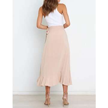VNDFLAG Women's High Waisted Wrap Ruffle Hem Split Midi Skirt Beige
