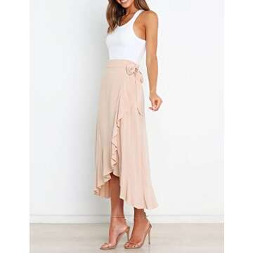 VNDFLAG Women's High Waisted Wrap Ruffle Hem Split Midi Skirt Beige