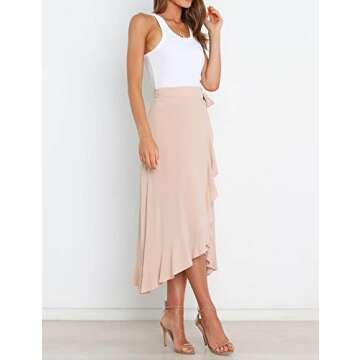 VNDFLAG Women's High Waisted Wrap Ruffle Hem Split Midi Skirt Beige