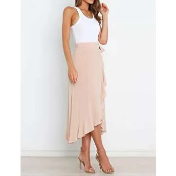 VNDFLAG Women's High Waisted Wrap Ruffle Hem Split Midi Skirt Beige