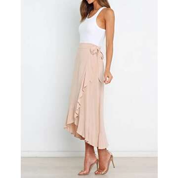 VNDFLAG Women's High Waisted Wrap Ruffle Hem Split Midi Skirt Beige