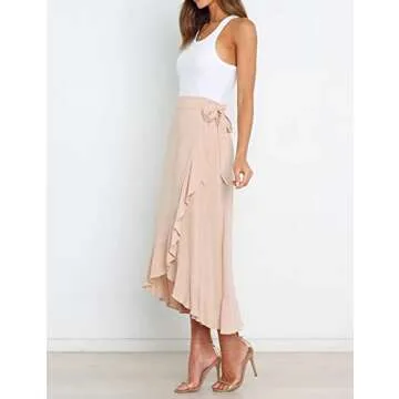 VNDFLAG Women's High Waisted Wrap Ruffle Hem Split Midi Skirt Beige
