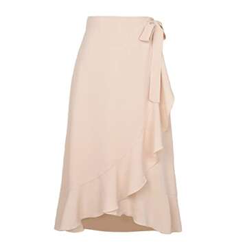 VNDFLAG Women's High Waisted Wrap Ruffle Hem Split Midi Skirt Beige