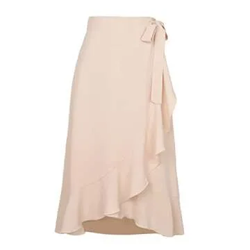 VNDFLAG Women's High Waisted Wrap Ruffle Hem Split Midi Skirt Beige