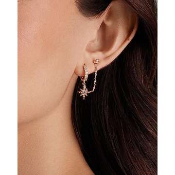 PAVOI 14K Gold Plated Huggie Hoop Earrings with Cubic Zirconia Dangle Star - Double Piercing Chain E...