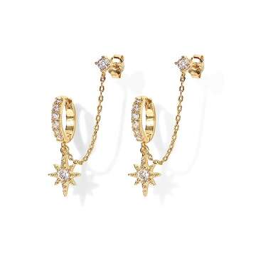 PAVOI 14K Gold Plated Huggie Hoop Earrings with Cubic Zirconia Dangle Star - Double Piercing Chain Earrings for Women