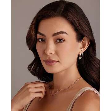 PAVOI 14K Gold Plated Huggie Hoop Earrings with Cubic Zirconia Dangle Star - Double Piercing Chain Earrings for Women