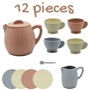 BrushinBella Silicone Tea Set - 12-Piece Toddler Toy Tea Set - Safe Kids Play - Durable Toy Teapot, Creamer, Tea Cups - Dishwasher-Safe Mini- Cute Tea Party Set for Toddlers