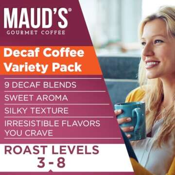 Maud's Decaf Coffee Pods Variety Pack, 80 ct - 9 Assorted Coffee Flavors - 100% Arabica Roasted Decaffeinated Coffee, Solar Energy Produced Recyclable Pods Compatible with Keurig K Cups Maker
