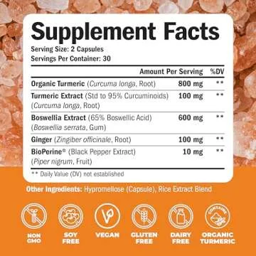 Turmeric Supplement with 65% Boswellia Extract Capsules - Turmeric Curcumin Supplement 95% Curcuminoids - Boswellia Serrata, Black Pepper, Organic Turmeric and Ginger Root Capsules - 60 Tumeric Caps