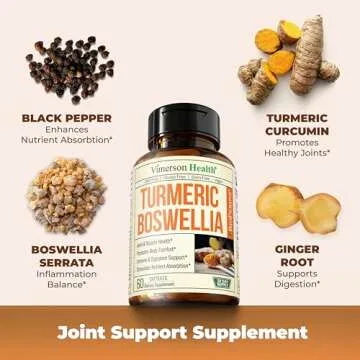 Turmeric Supplement with 65% Boswellia Extract Capsules - Turmeric Curcumin Supplement 95% Curcuminoids - Boswellia Serrata, Black Pepper, Organic Turmeric and Ginger Root Capsules - 60 Tumeric Caps