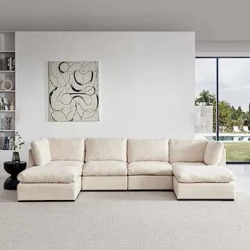 129" Oversized Modular Cloud Sectional Sofa W/Down Feather Filled & Reversible Chaise, L/U-Shaped Corner Deep Seat Sofa&Couch with Movable Ottomans for Home Apartment Living Room Hotel Lobby, Beige