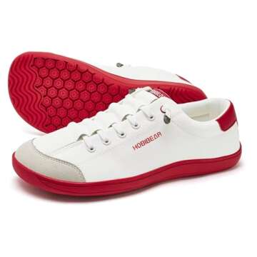 HOBIBEAR Barefoot Minimalist Shoes Womens Mens | Zero Drop | Wide Width Canvas Slip-on Shoes(White/Red, Women 8/Men 7)