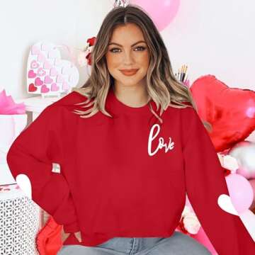 Love Letter Print T Shirt Women Funny Valentine's Day Tee Shirt Love Heart Graphic Long Sleeve Tops (Red, Large)