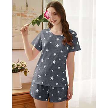 Ekouaer Womens Pajama Set Cute Short Sleeve Star Print Tee and Short Pajama Pants Sleepwear(Dark Grey White Star, Large)